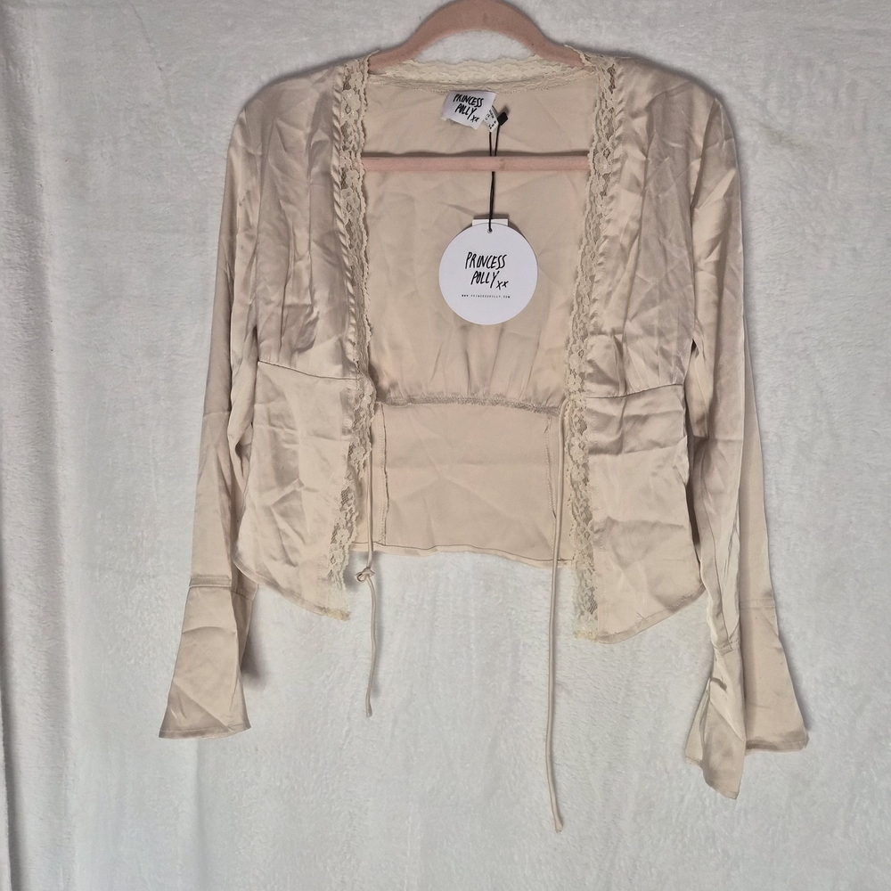 NWT Princess Polly Cream Satin Top with Lace Trim Size 2. (Has Stains)